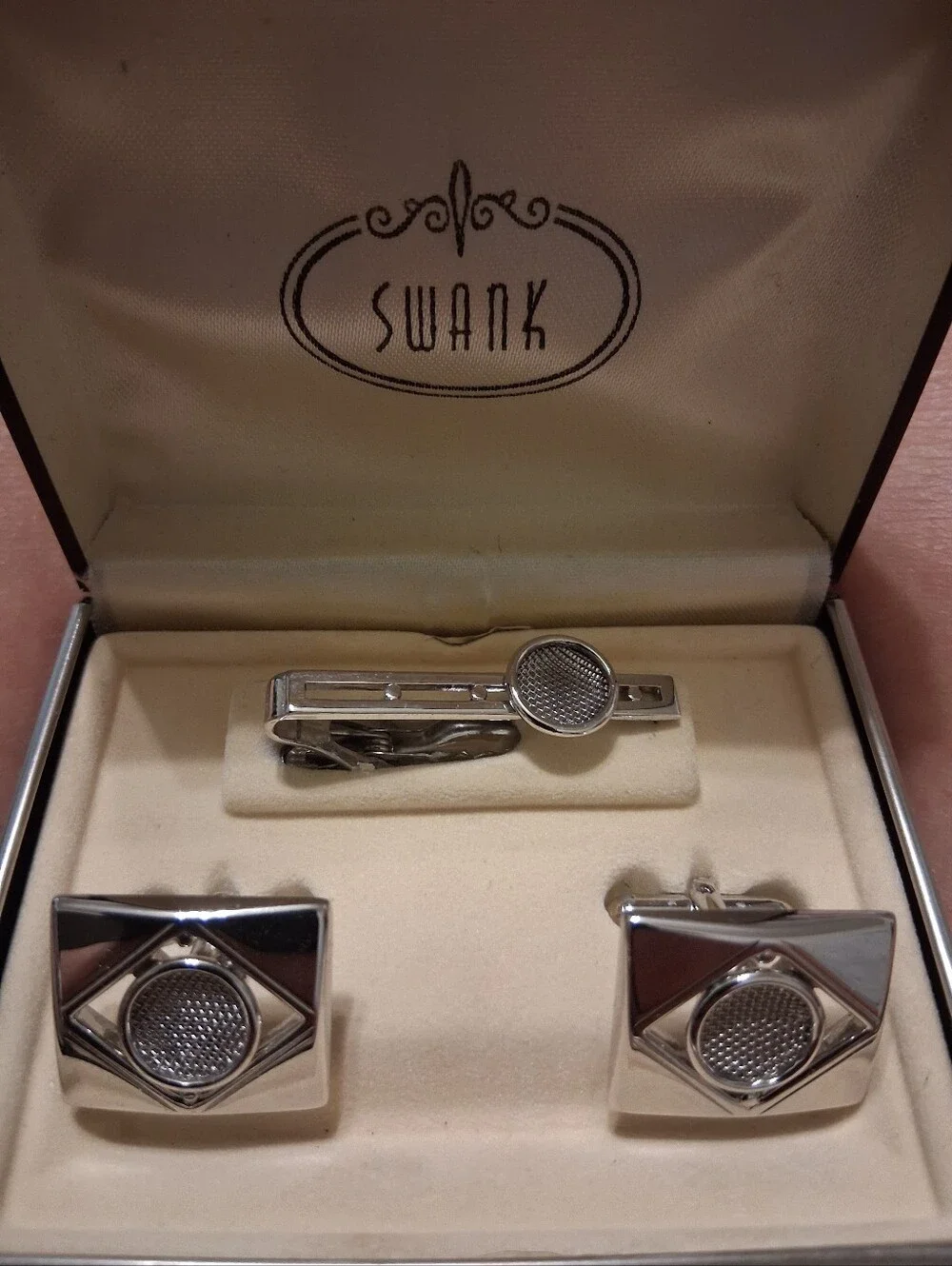 Vintage Swank Silver Tone Cufflinks and Tie Clip Set - Silver
